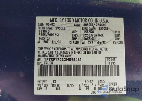 2002 Ford F-150 Xl/Xlt from USA, damaged, VIN 1FTRF17232NB96461